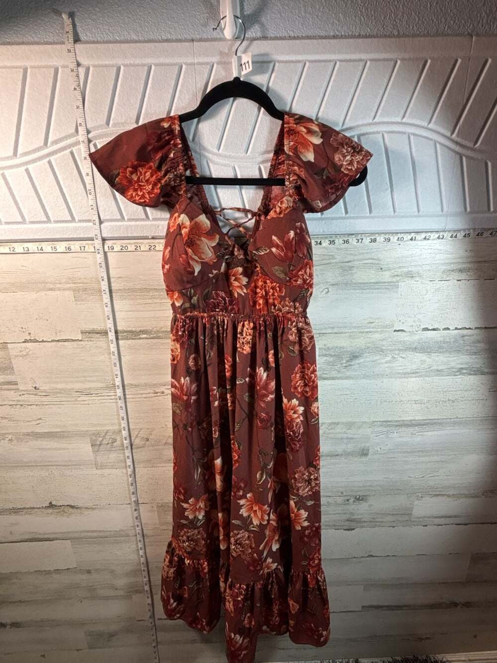 Red Floral Ruffle Short Sleeve Tie Back Midi Dress - Picture 2 of 5